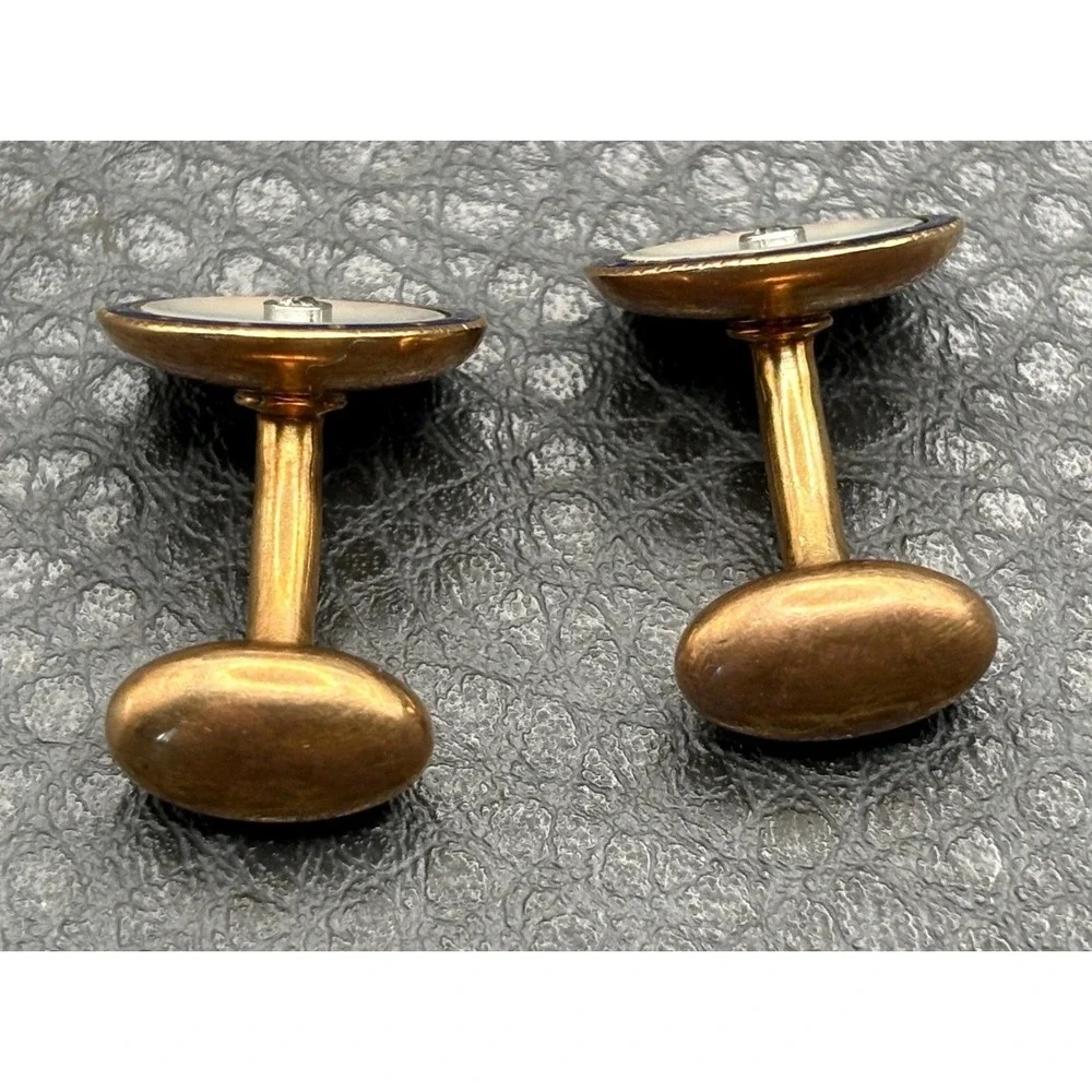 Carter & Howe 14K Gold Mother of Pearl Blue Enamel Diamond Cufflinks Art Deco